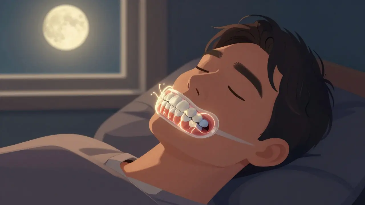 Člověk spí s noční štěticí, jemně zářící linie znázorňují rozložení tlaku na zuby.