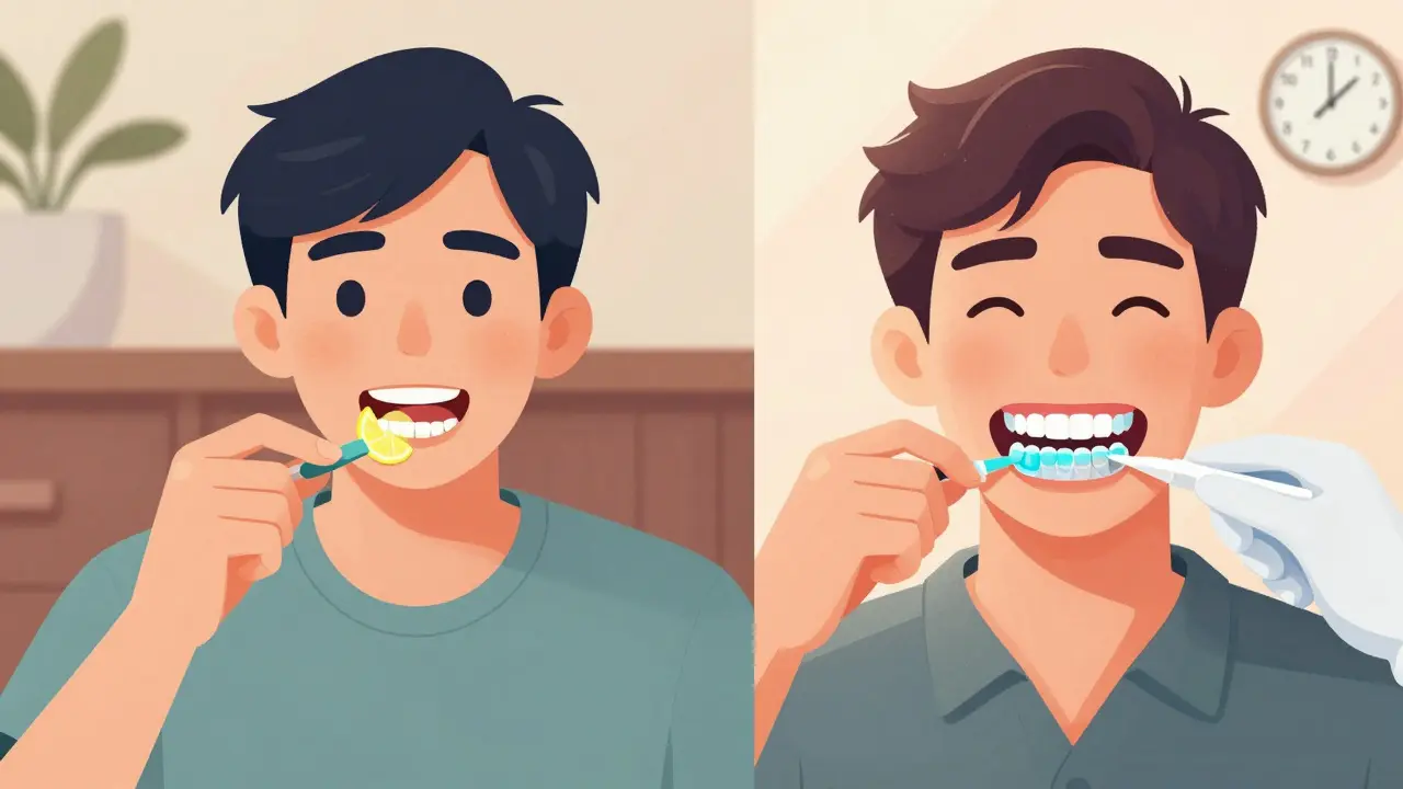 Comparison of dangerous home whitening vs. safe dentist-supervised tray system.