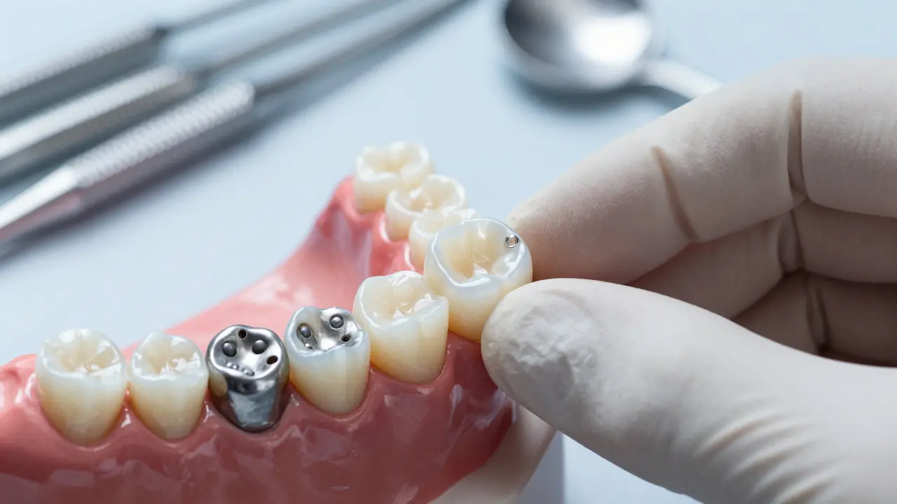 Dentista přikládá zirkoniovou keramickou korunku na připravený zub, viditelný kontrast s kovovou náhradou.