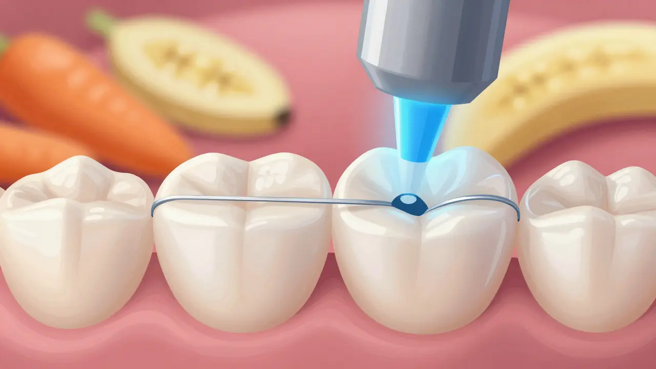 Detailní znázornění lepení keramické fazety na zub pod modrým světlem.