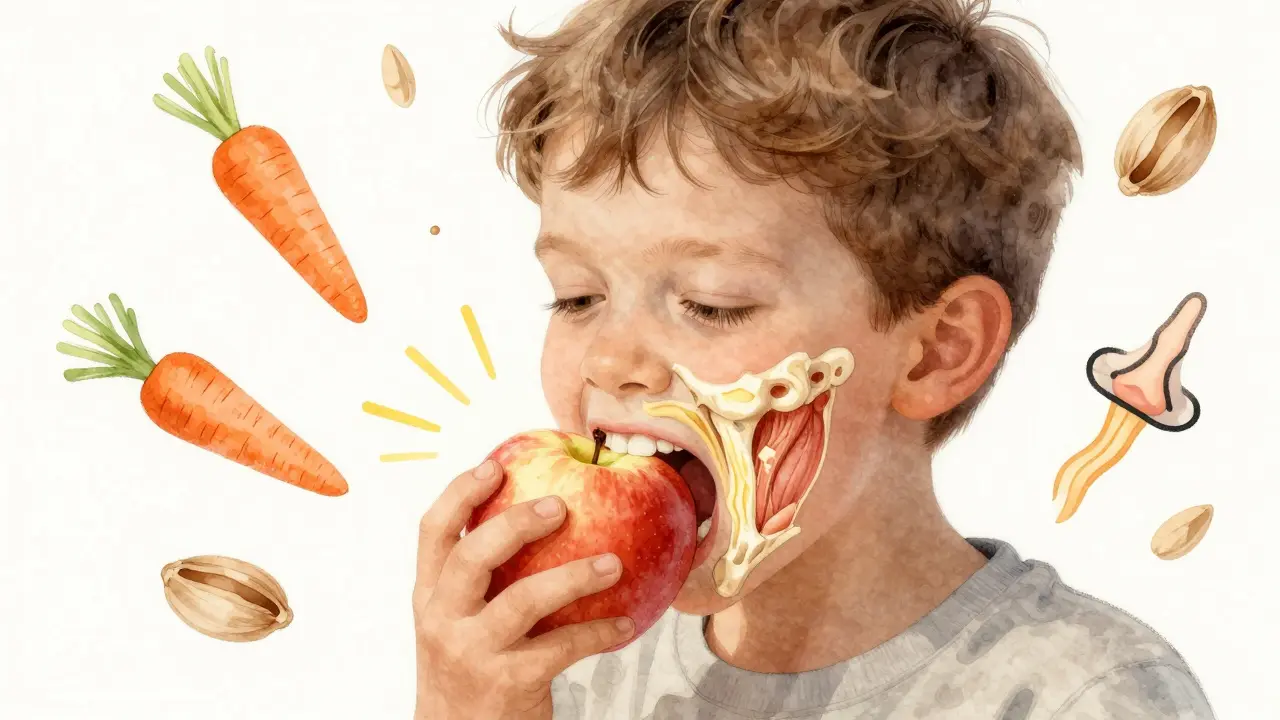 Dítě pomalu žvýká syrové jablko, s vizuálními symboly rozvoje čelisti a přirozeného dýchání.