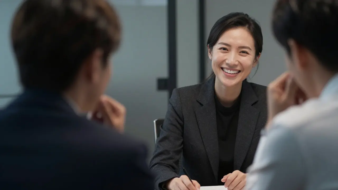 Dva lidé na pohovoru, jeden se směje, druhý přikrývá ústa.