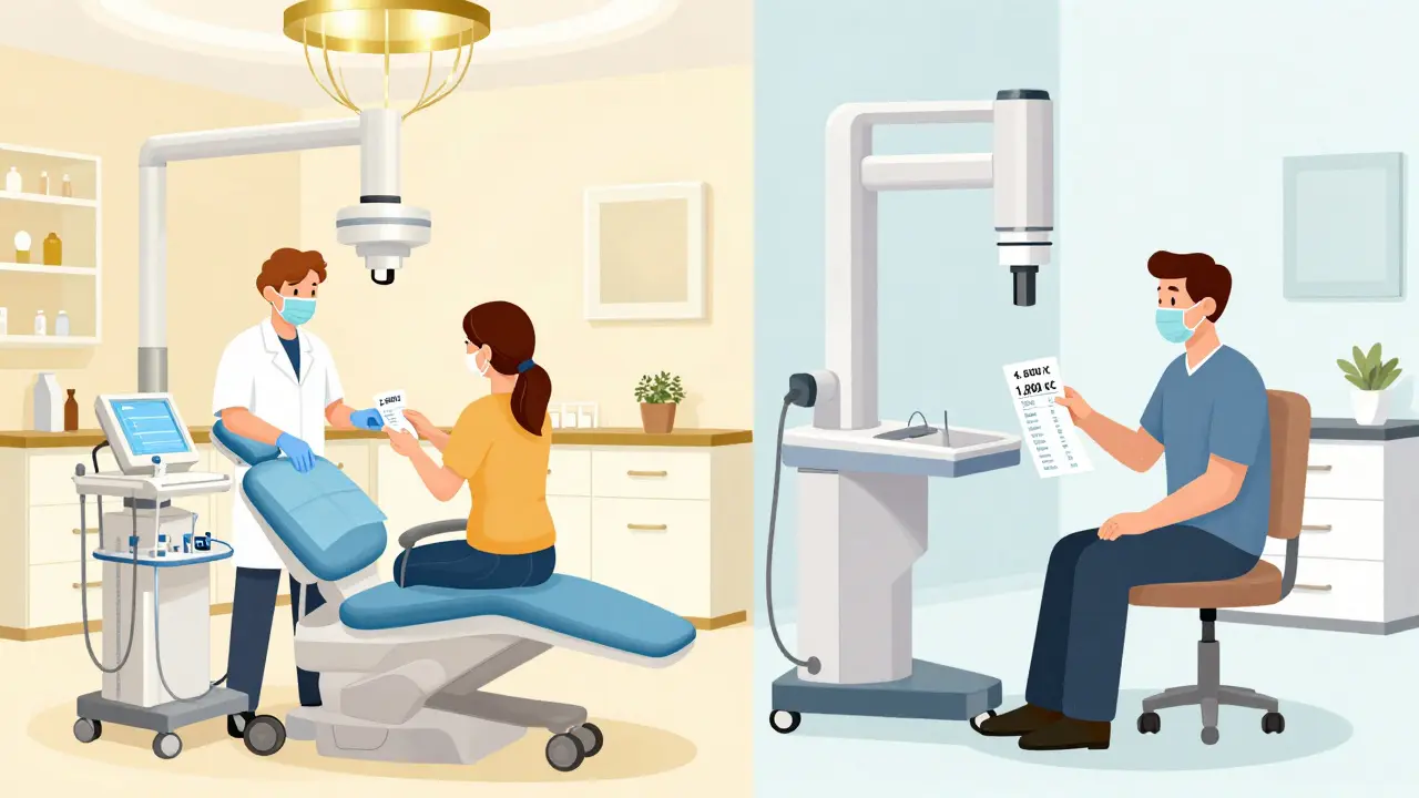 Dvě srovnávací scény zubních ordinací v Praze: drahá v centru a levnější v předměstí, s rozdílnými cenami.