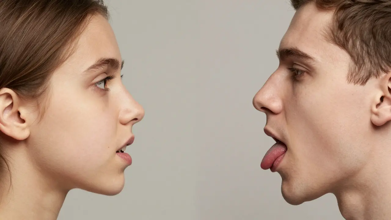 Dvě strany čelisti: úzká vs. široká, znázorňující dopad dýchání a žvýkání na tvar čelisti.