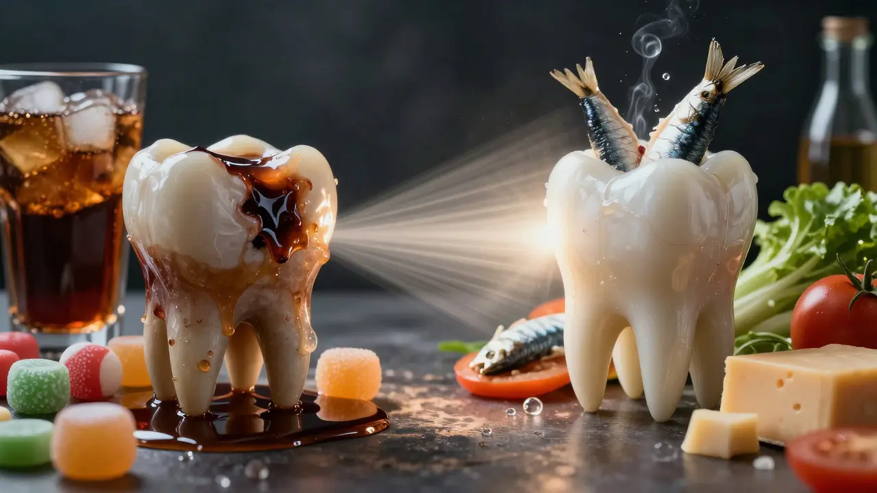 Dvě strany zubu: poškozený s cukrem a zdravý s potravinami — kontrast stravy a zubního zdraví.