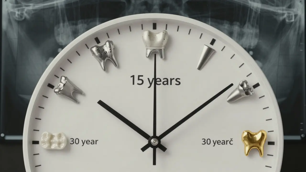 Hodiny s označenými cenami korunek a jejich životností, na pozadí rentgenová mřížka.