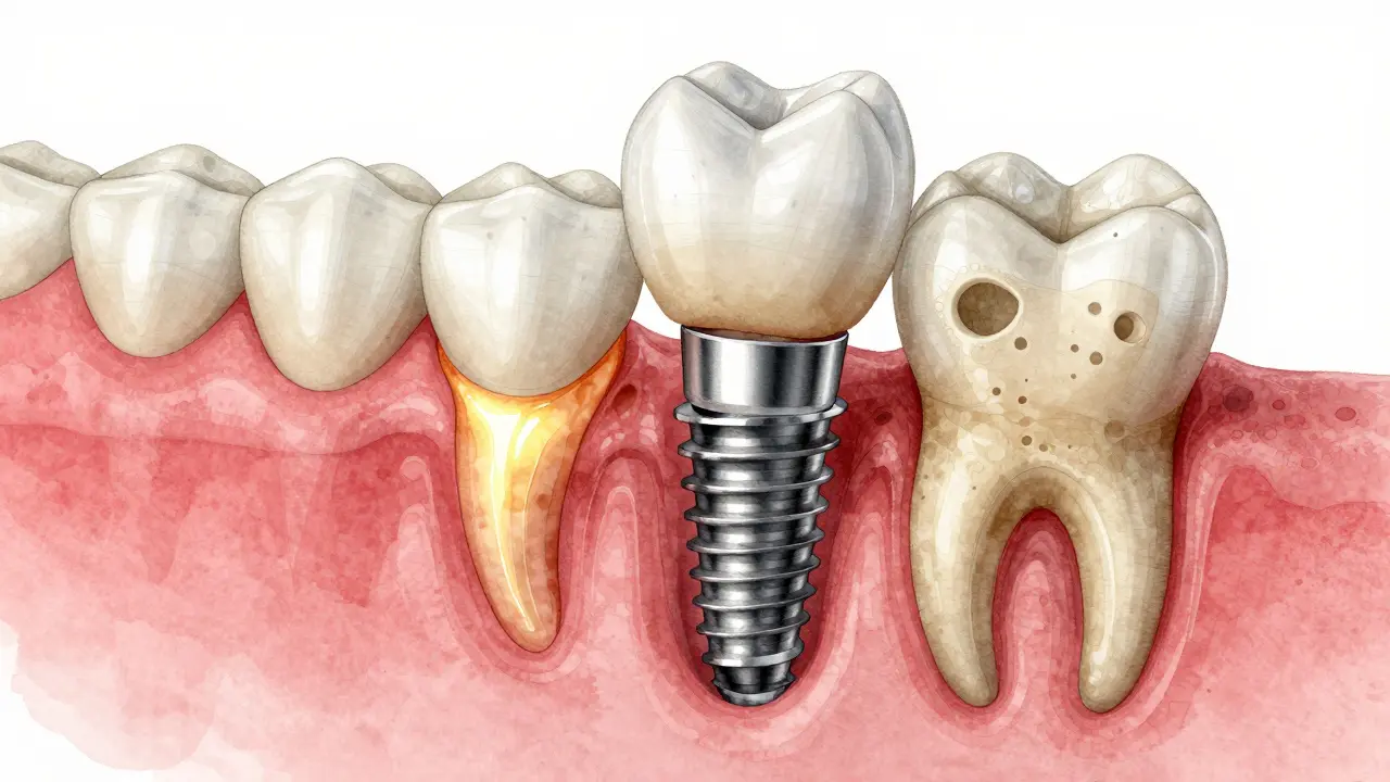 Implantát v čelisti s aktivní kostní tkání kolem něj.
