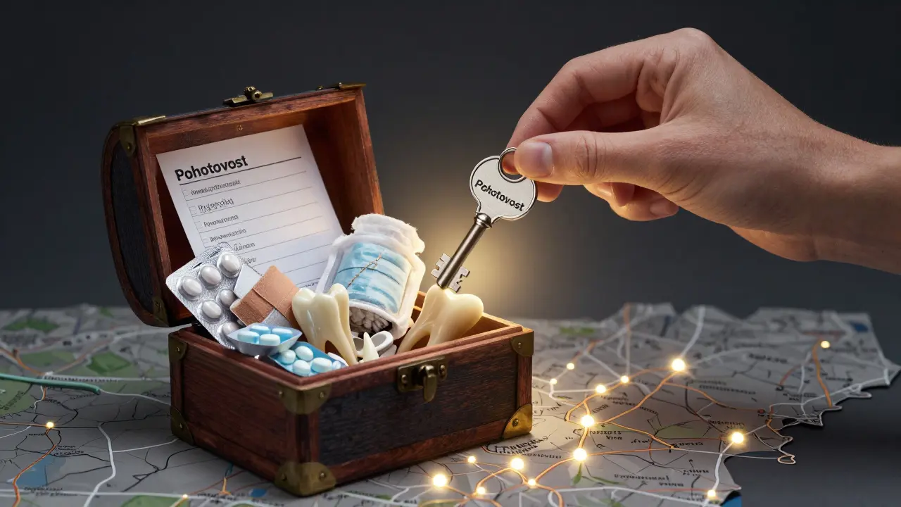Klíč pohotovosti otevírá truhlu s léky, zubními zbytky a seznamem důvěryhodných zubních klinik v Praze.