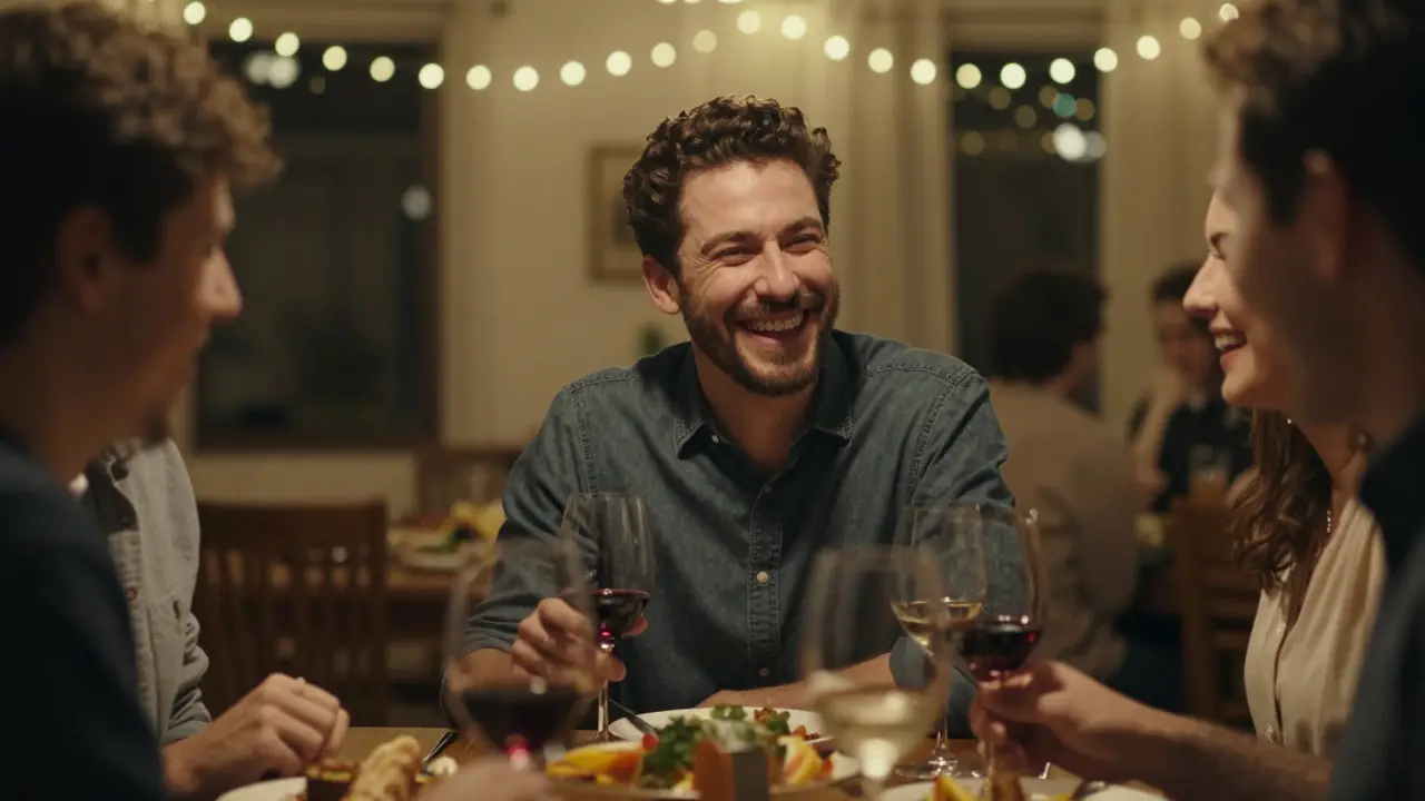 Muž se směje na večeři s přáteli, bez viditelných zubních aparátů.
