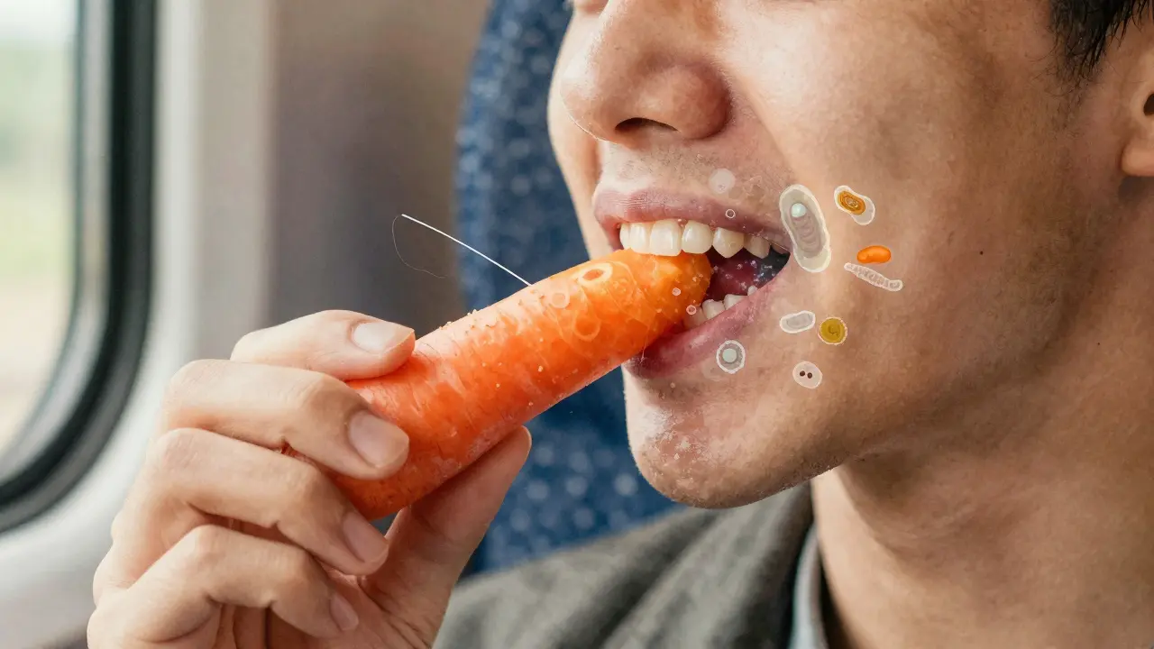 Osoba žvýká surovou mrkev na vlaku, symbolicky se plak kolem zubů rozpadá.