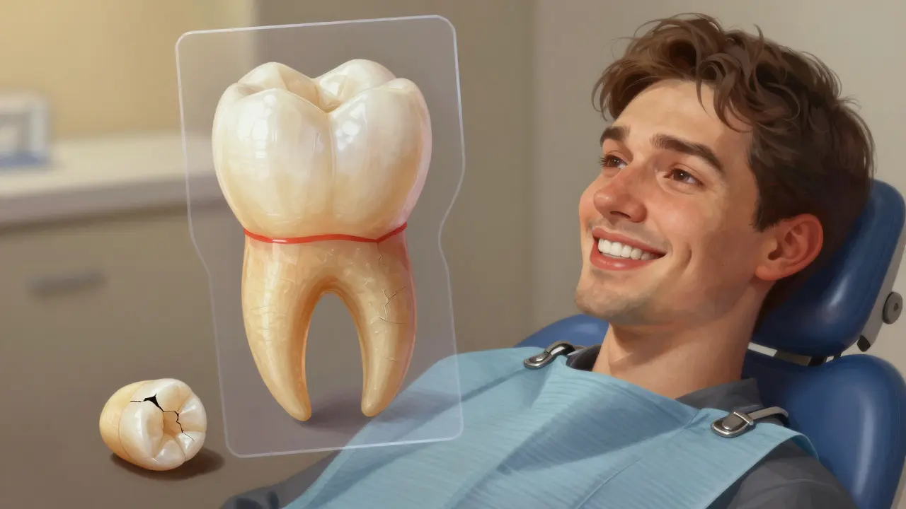 Pacient se usmívá, zatímco přehledně viditelná zirkoniová korunka je v porovnání s poškozenou levnou korunkou na podlaze.