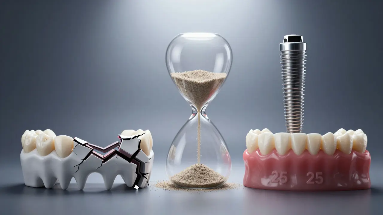 Porovnání dlouhodobé trvanlivosti mostu a implantátu.