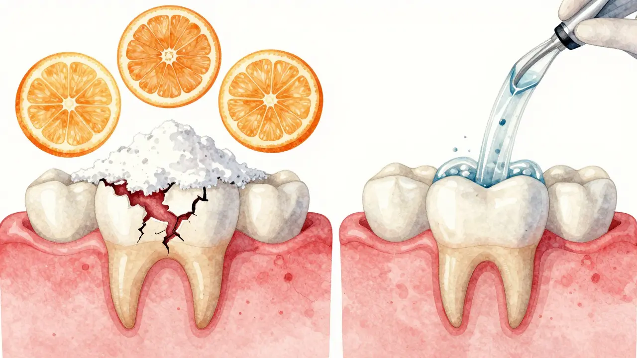Porovnání poškozeného zubu a zdravého zubu s přirozeným bělením a obnovou skloviny.