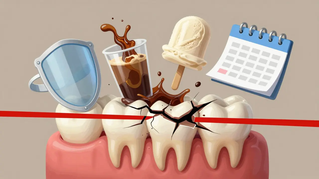 Prasklý zub se mění v kousky pod vlivem horké a studené potraviny, ochranný štít a kalendář jsou vidět v pozadí.