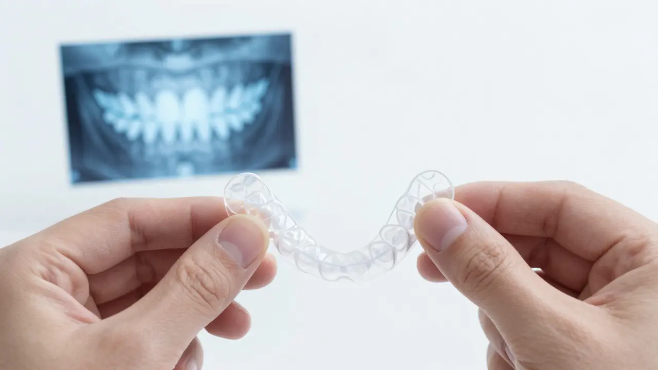 Průhledné rovnátko na bílém pozadí s 3D modelem zubů v pozadí.