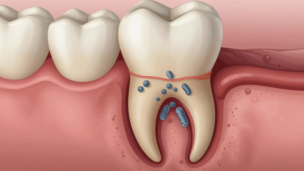 Průřez zubního kořene s kamenem a zánětlivými dásněmi pod povrchem.