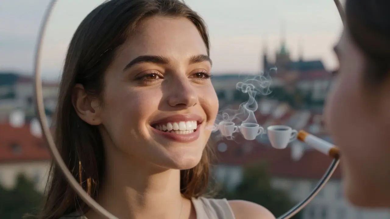 Radiant smile reflecting away stains of coffee, wine, and smoke, symbolizing lasting whitening results.