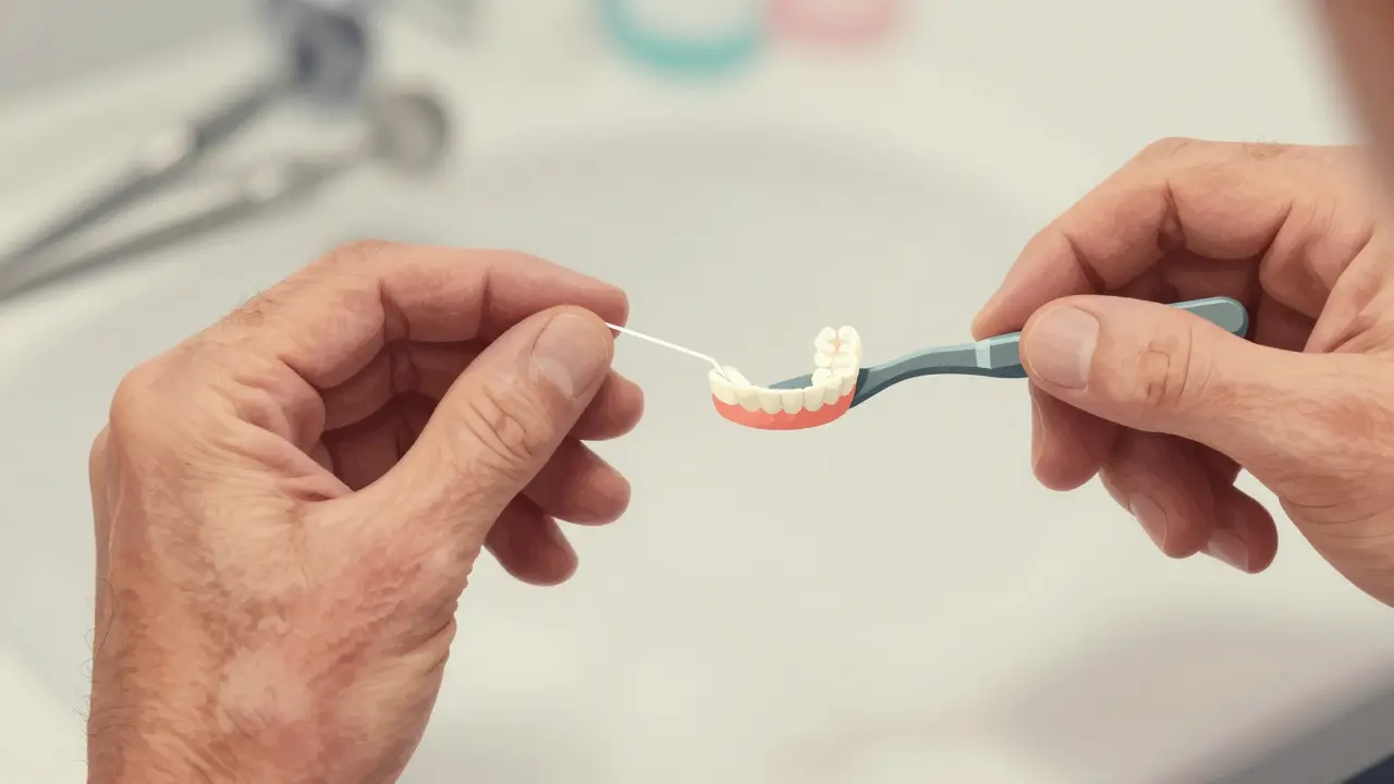 Ruka drží niti a mezizubní kartáček pro péči o zuby a protézu.