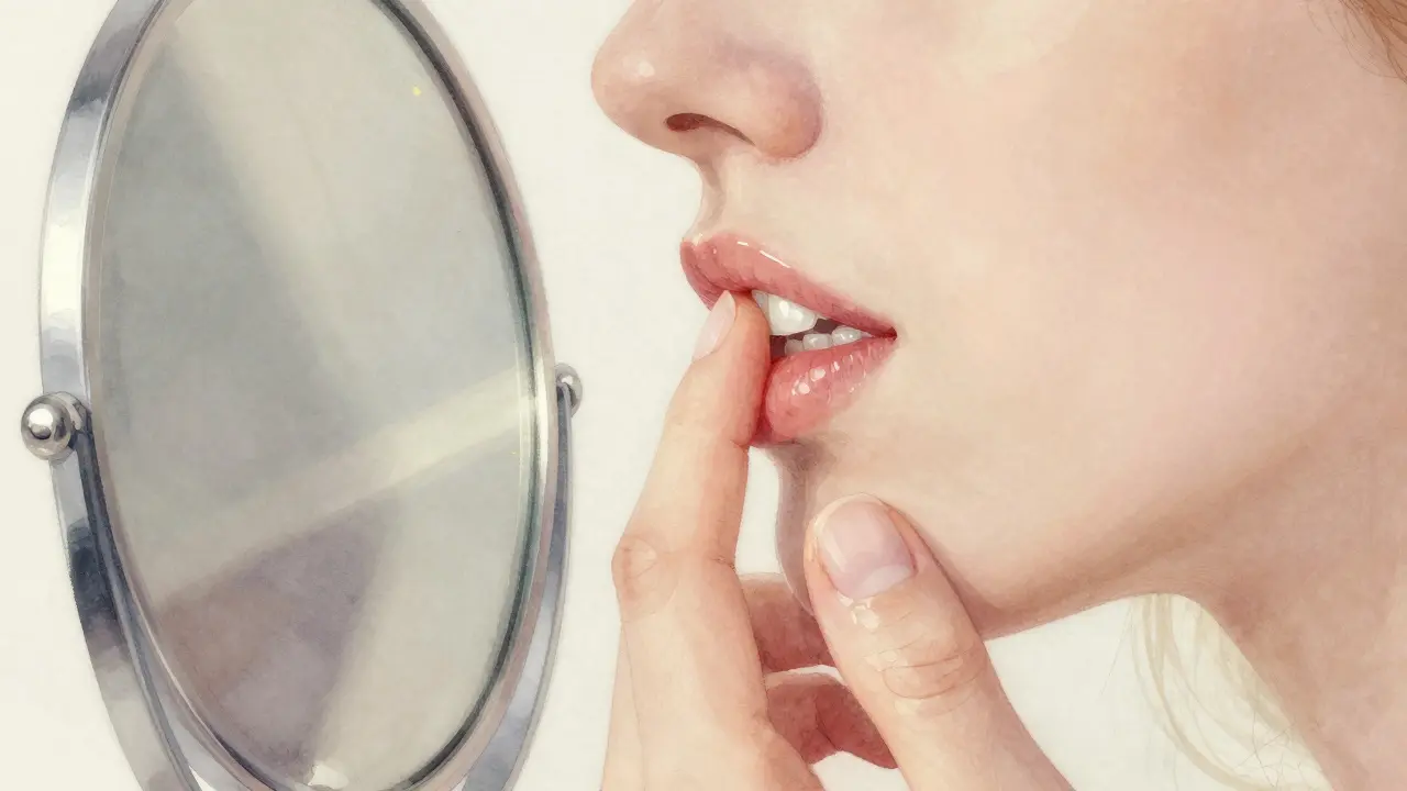 Ruka se dotýká rtů, když se dívá do zrcadla, keramické fazety jemně odleskávají světlo.