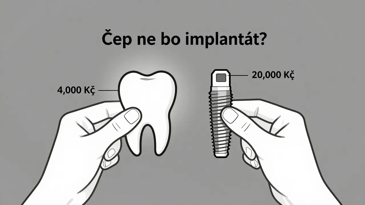 Srovnání čepu a implantátu v minimalistickém stylu s cenovými značkami