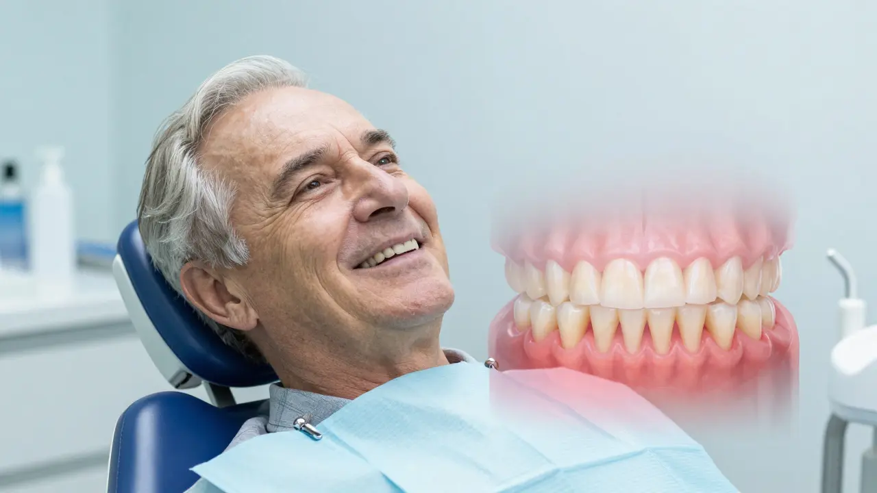 Starší člověk usmívá se v zubařském křesle s transparentním zobrazením zdravých zubů.