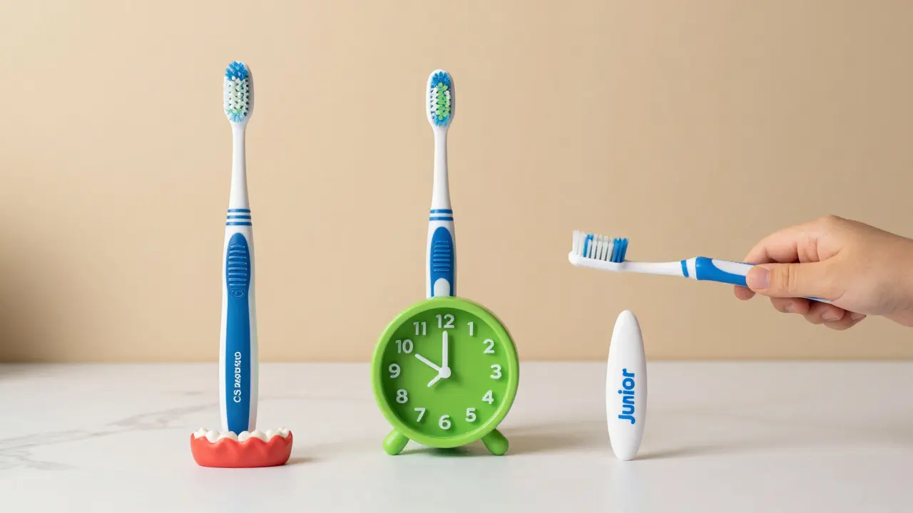 Tři modely Curaprox kartáčků symbolizující zdravé dásně, správný čas a dětskou bezpečnost.