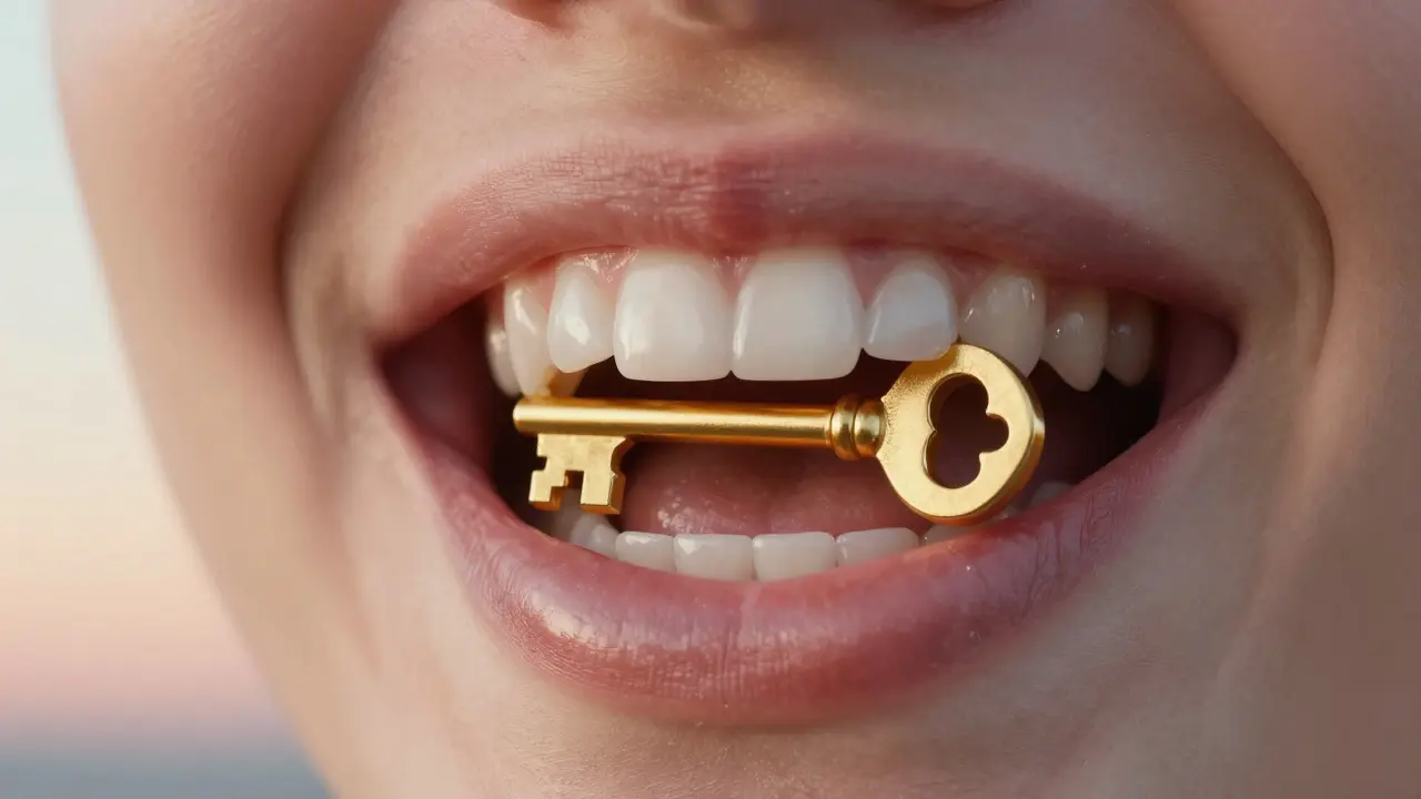 Úsměv s keramickými fazetami, ze kterých vyrůstají zlaté klíče jako symbol sebevědomí.