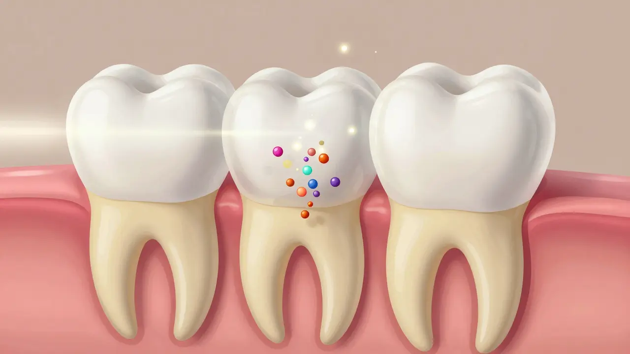Vnitřní struktura zubu s pronikáním bělících molekul skrz sklovinu do dentinu.