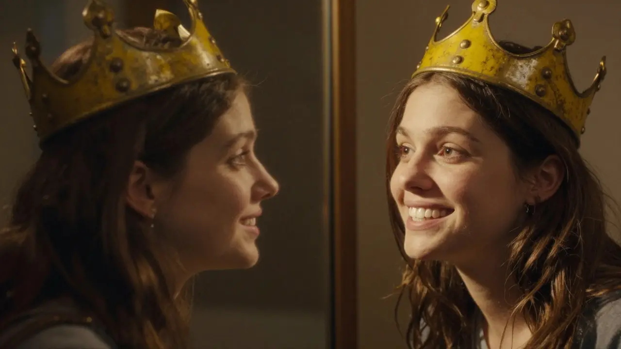 Zrcadlo odhaluje dvě verze: jedna s kovovým zubem a smutným výrazem, druhá s keramikou a radostným úsměvem.