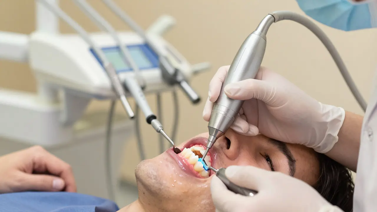 Zubní hygienik odstraňuje kámen pod dásní ultrazvukovým nástrojem.