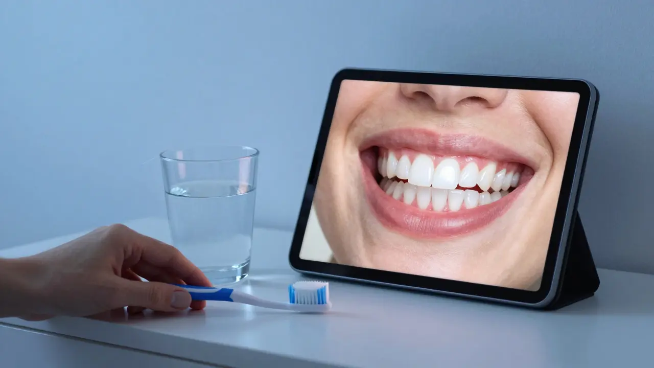 Zubní kartáček a nit vedle tabletu s virtuálním úsměvem.
