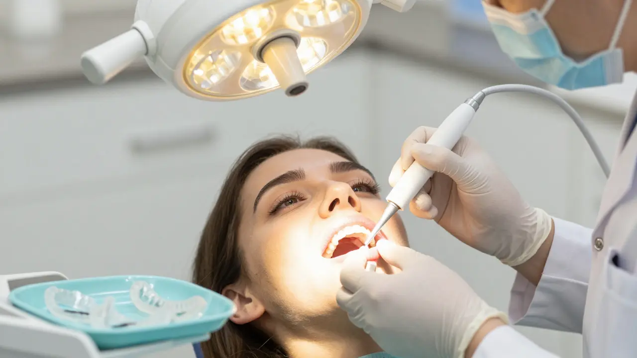 Zubní lékař aplikuje bělící gel na zuby pacienta s ochranou dásně v klinice.