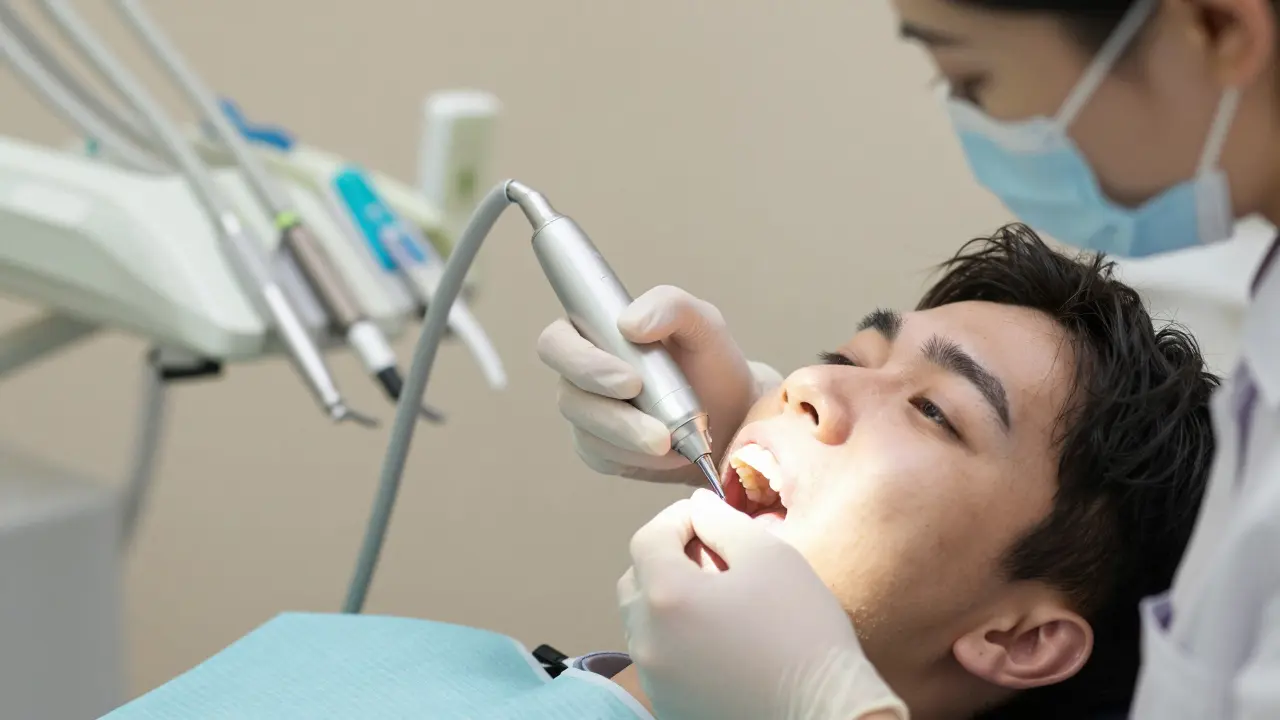 Zubní lékař odstraňuje kámen pod dásní ultrazvukovým nástrojem.