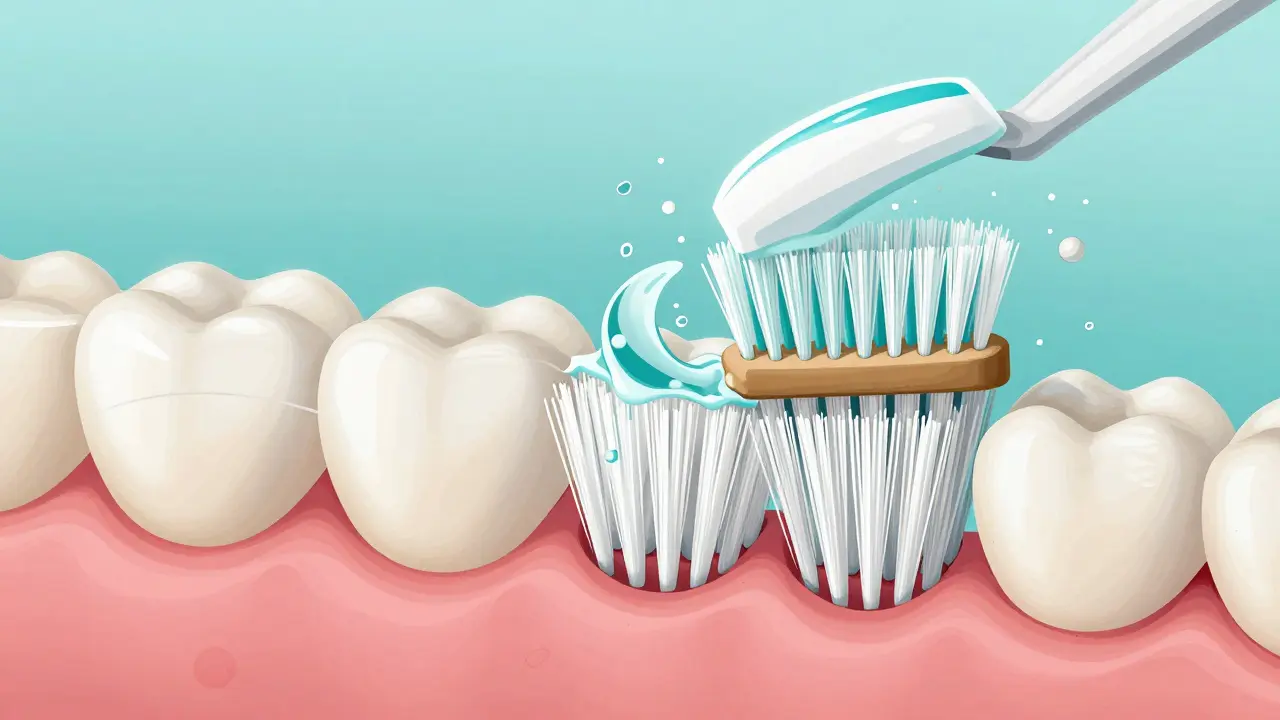 Zvětšený pohled na štětininky kartáčku čistící mezizubní prostory mikroprouděním zubní pasty.