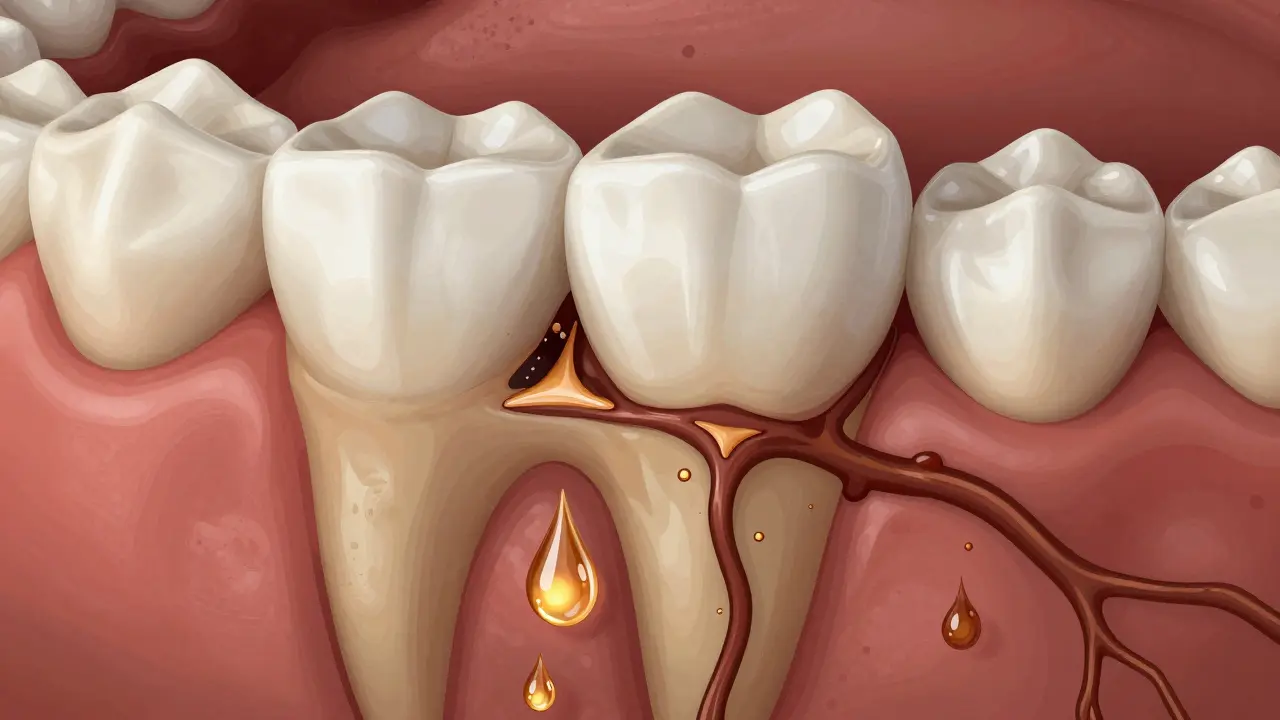Žvýkací zuby s hlubokými štěrbinami a rozpadajícím se emalem, odhalující kořen.