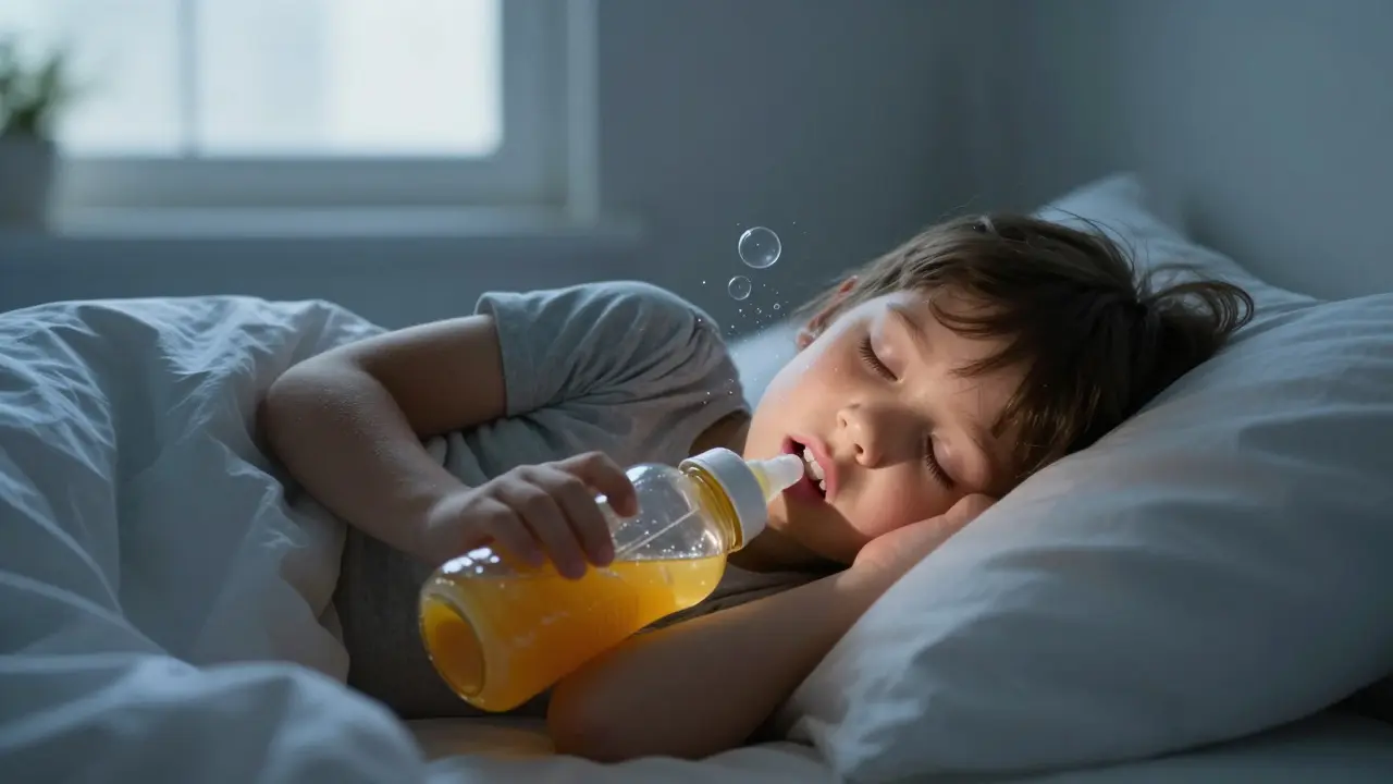 A child sleeping with a bottle of juice, faint white spots visible on teeth under moonlight.