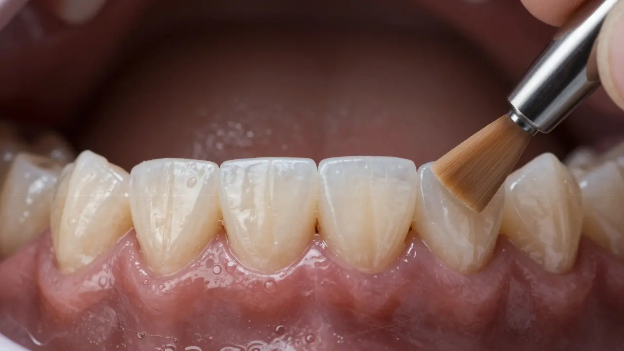 A stained composite veneer being polished by a dentist to restore its original appearance.