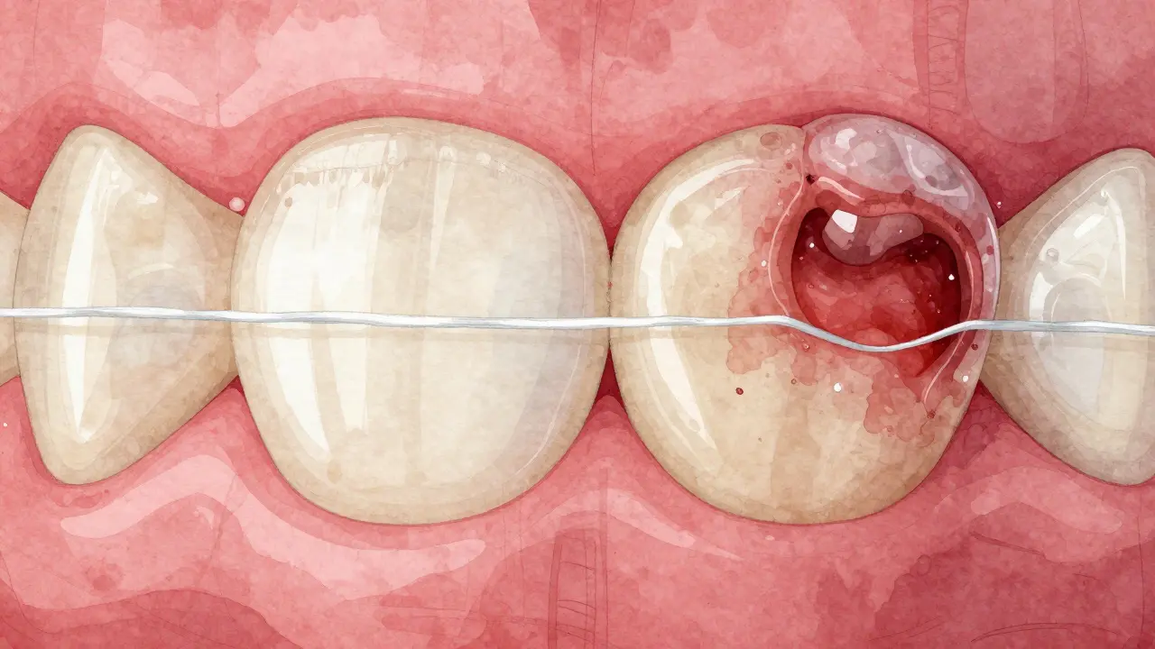 Blízký pohled na zuby s vrstvou plaku a zánětlivými dásněmi, zatímco nitě odstraňují zbytky.