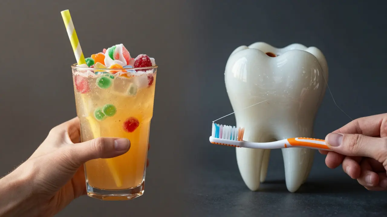Contrasting images of unhealthy teeth next to sugary foods versus healthy teeth with dental hygiene tools.