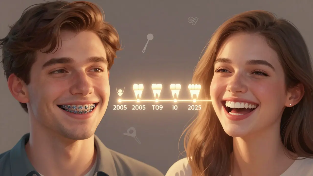 Contrasting smiles: one with metal braces, one with porcelain veneers, symbolizing the evolution of cosmetic dentistry.