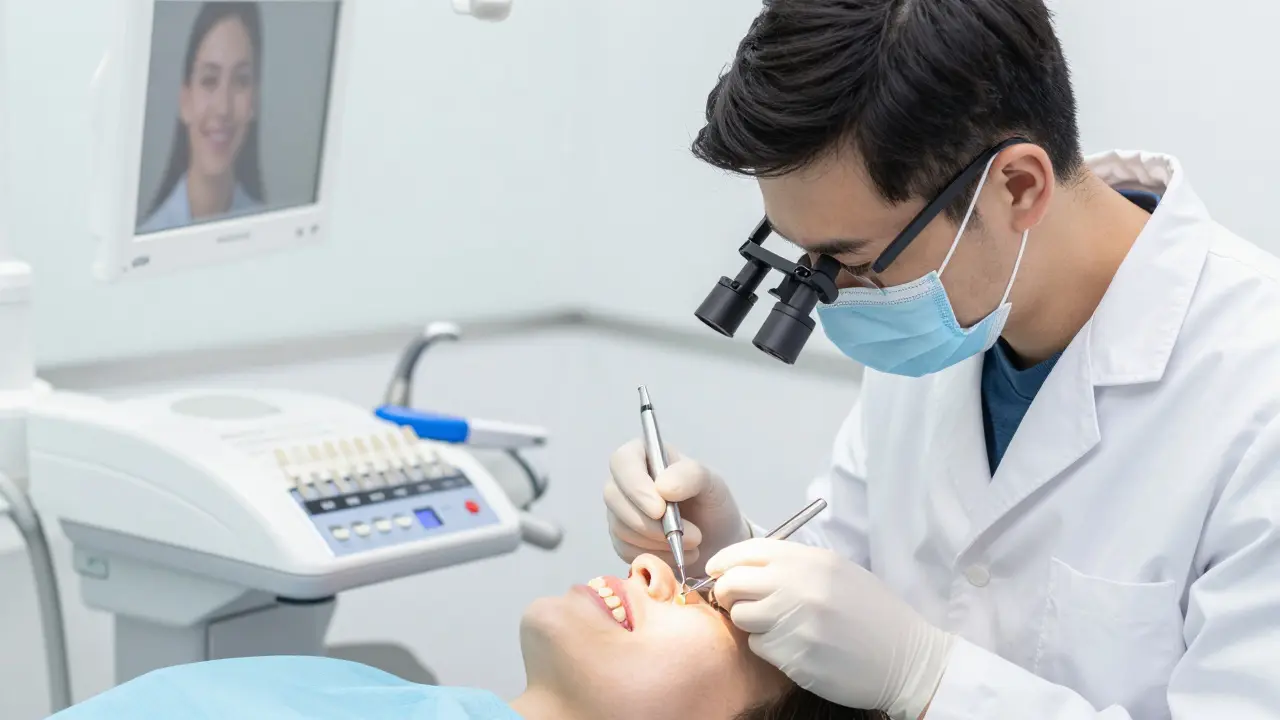 Dentální technik připevňuje tenkou keramickou veneeru na zub v moderní zubní klinice.