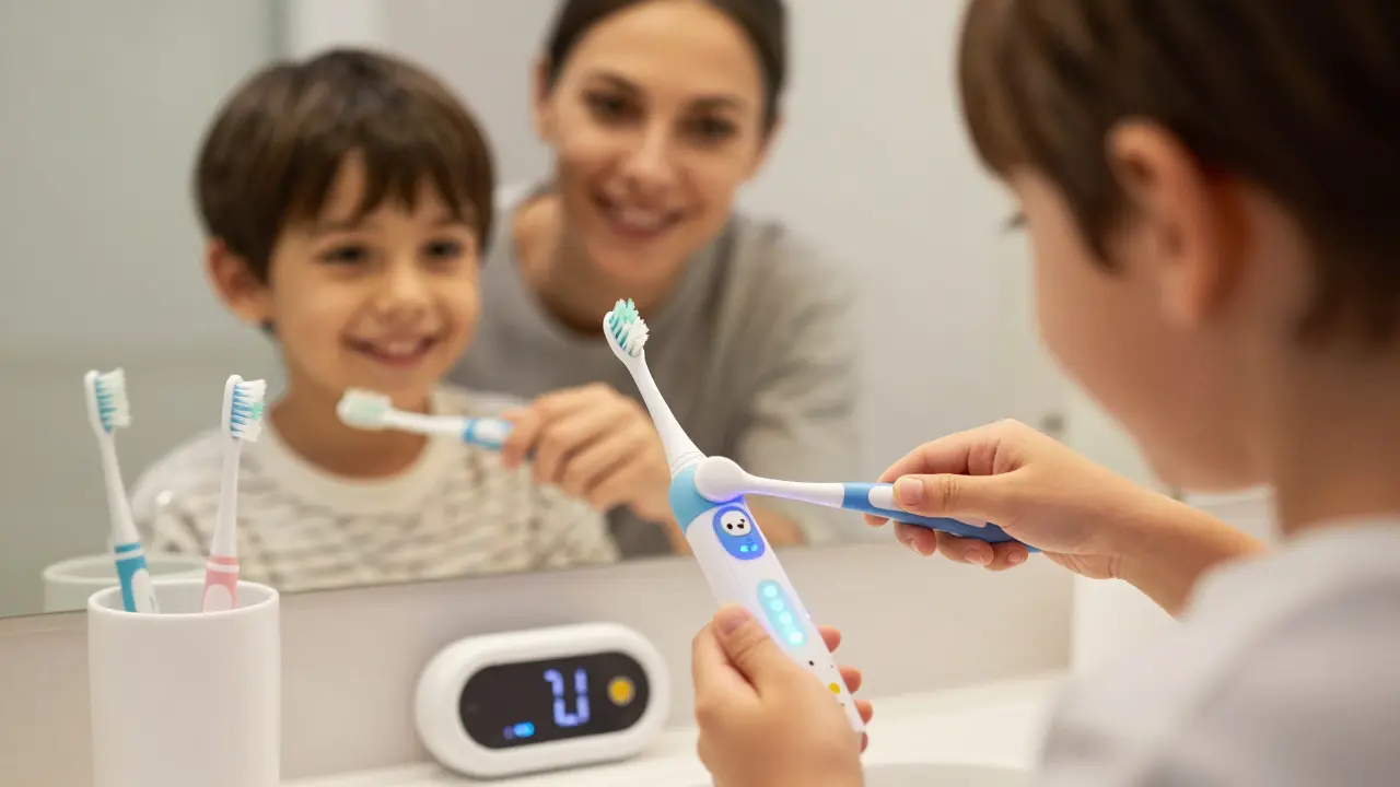Dítě se usmívá, zatímco čistí zuby sonickým kartáčkem s LED světly, zatímco rodič pozoruje z pozadí.