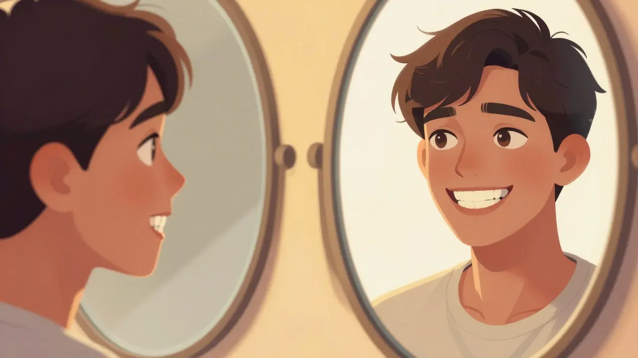 Dvě verze stejné osoby: jedna se skrývá, druhá se směje volně před zrcadlem.