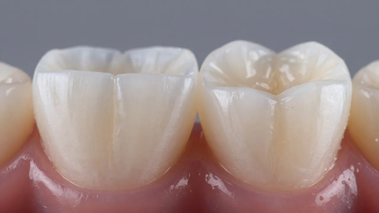 Dvě zubní korunky: dočasná akrylová a trvalá keramická na pozadí.