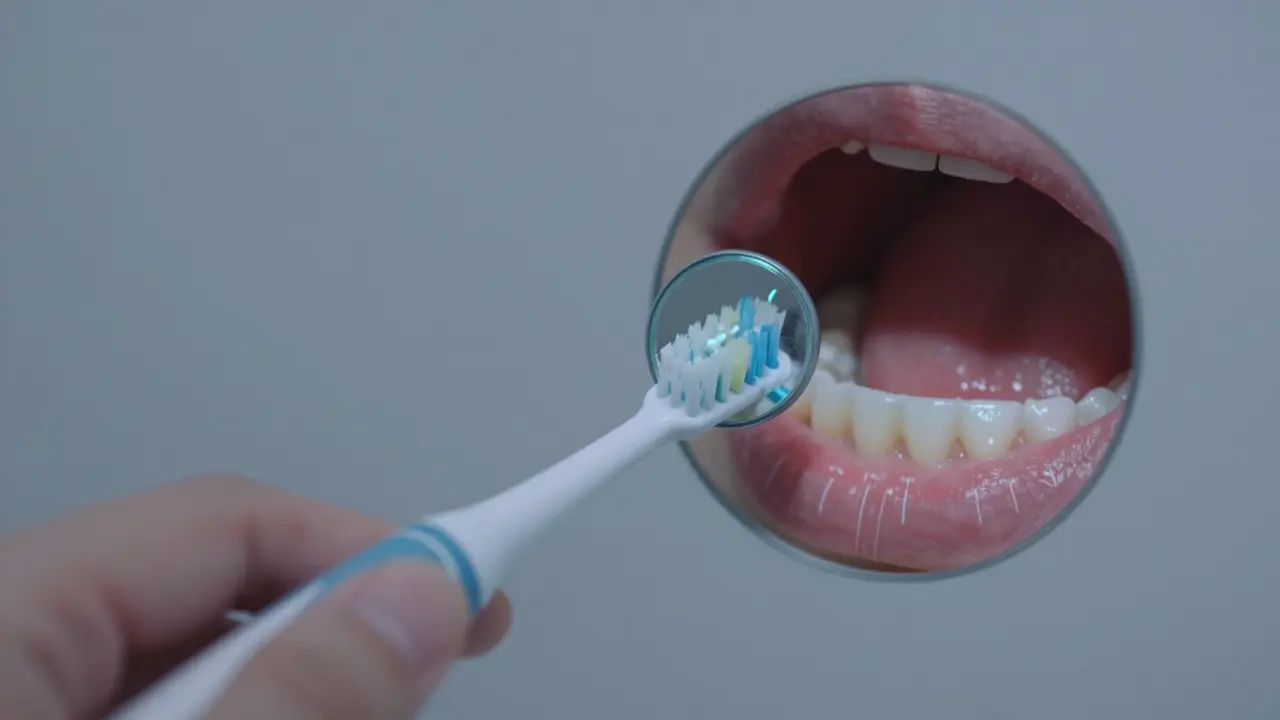 Elektrický kartáček čistí zadní zuby, zrcadlo odhaluje skryté oblasti plaku.