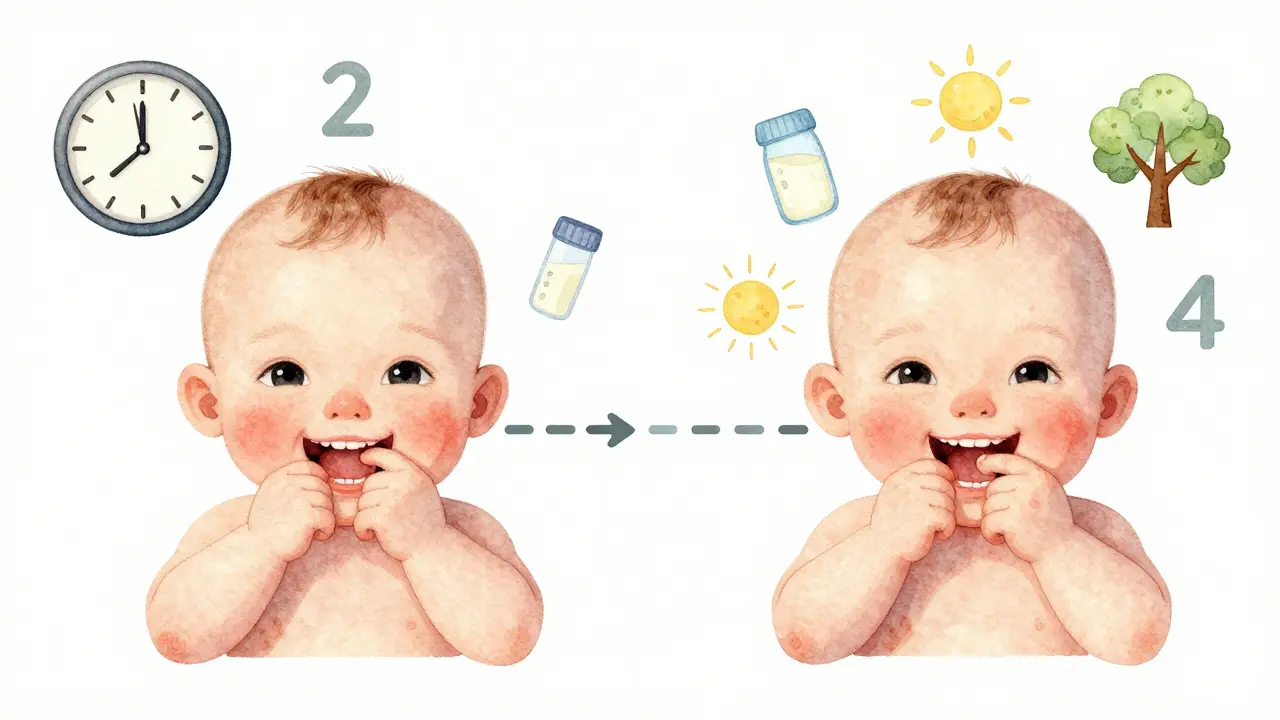 Ilustrace dvou různých temp výrůstku prvních zubů u dětí