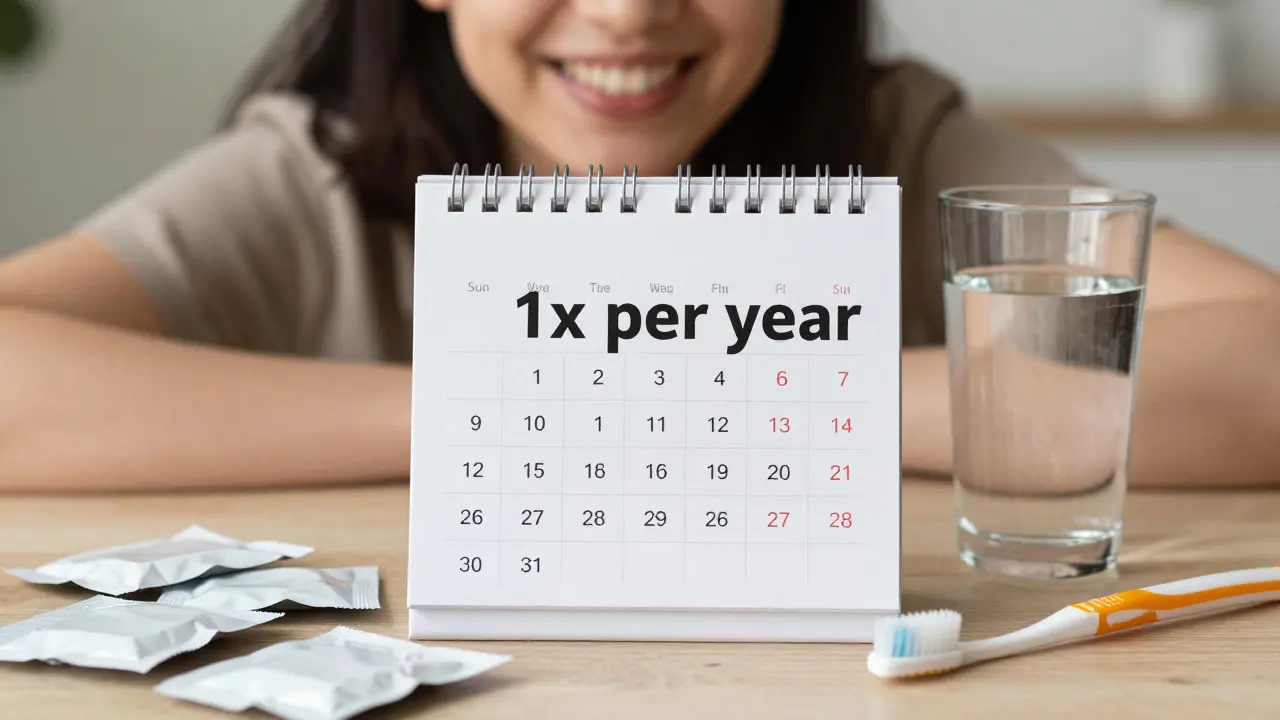 Kalendář s označením jednou roční aplikací bělicích pásů a zdravým úsměvem na pozadí.