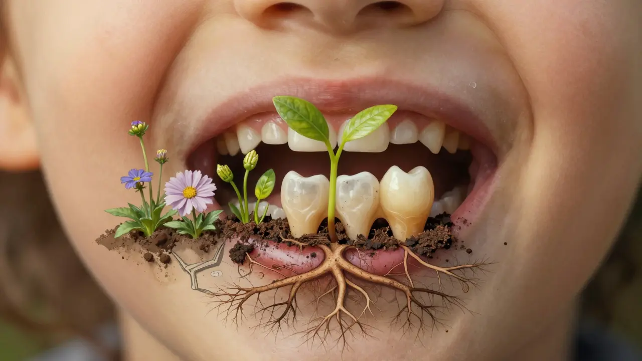 Konceptuální obraz dítěte s vyrůstajícími zuby jako květy v zahradě.