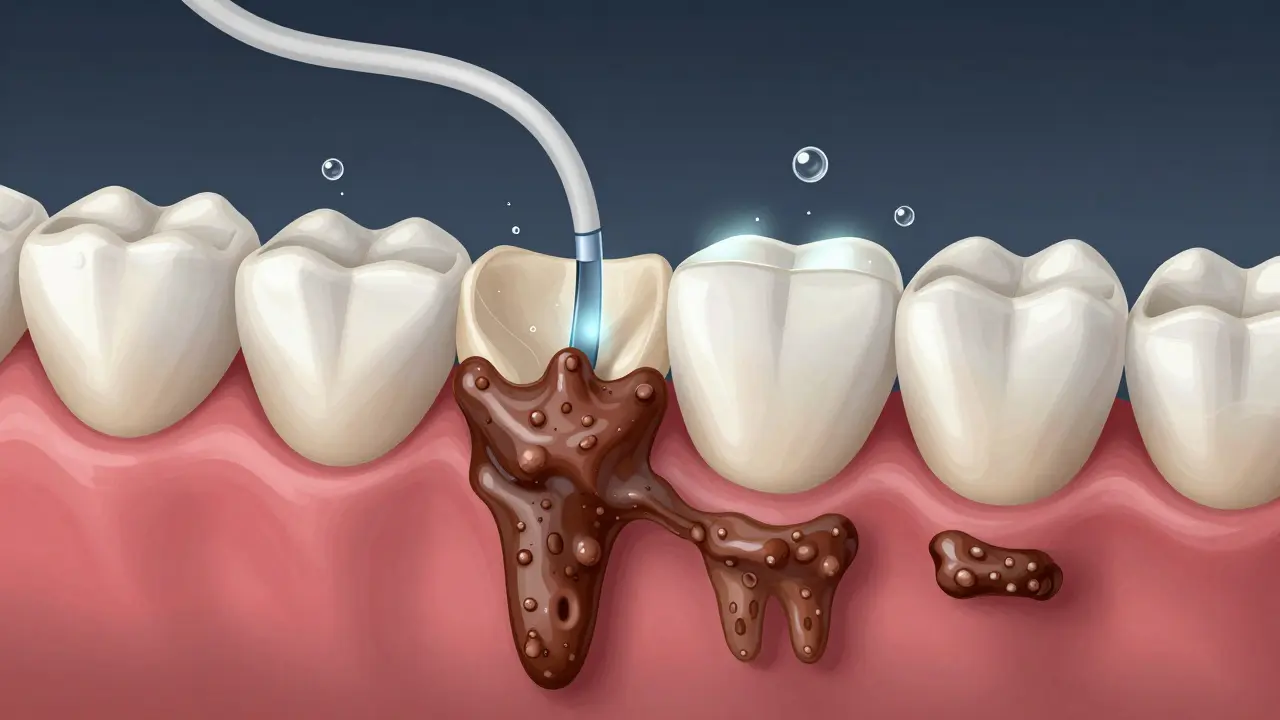 Křížový řez zubů a dásní s viditelným odstraněním plaku díky sonickým vibracím a mikroprouděním tekutiny.