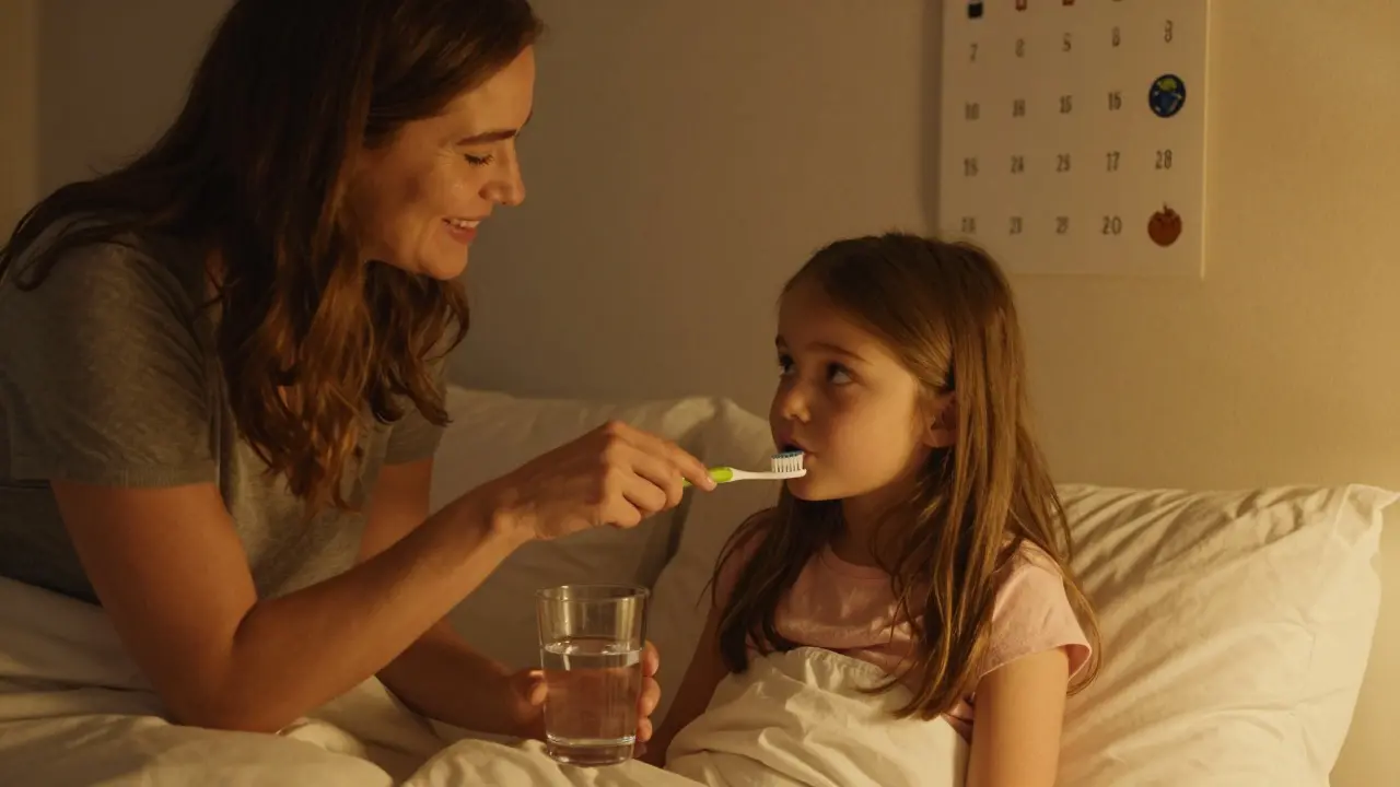 Matka čistí zuby své dceři ve večerní rutině, vedle nich voda, sladké nápoje chybí.